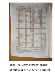 計算ドリル以外の問題の進度表。網掛けになっているページは必修。